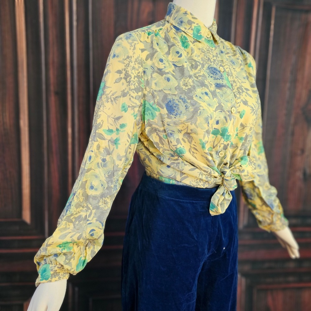 Vintage 1960s Vera Floral Blouse Top Shirt Yellow Blue Green Peter Pan Collar
